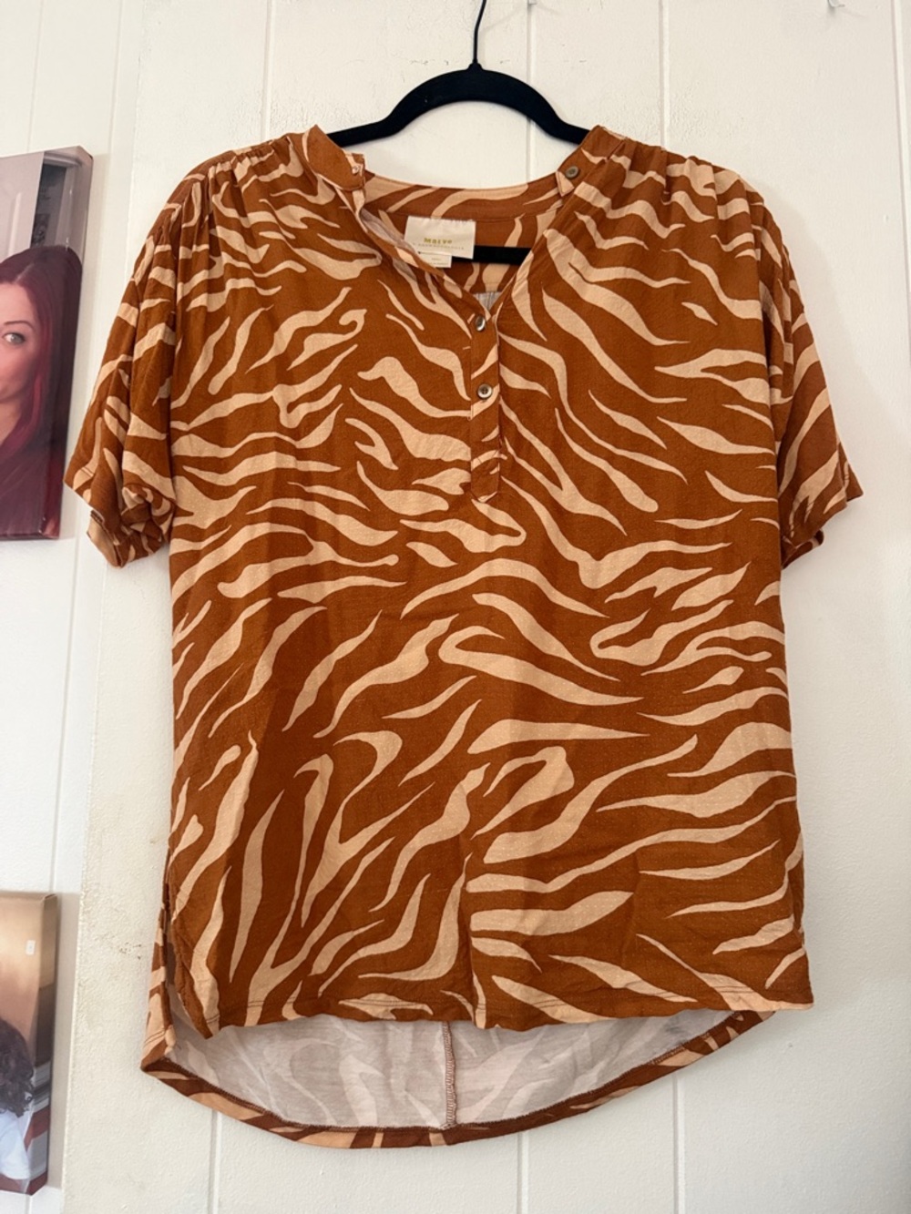 Maeve Rust and Cream Zebra-Print Henley Top